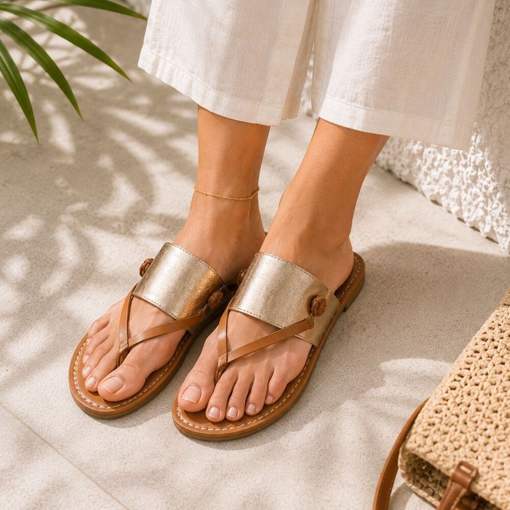 Soludos Metallic Leather Sandals Size 7 Gold Tan Slip-On NWT - Picture 4 of 6